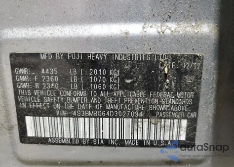 2013 Subaru Legacy 2.5I Premium from USA, damaged, VIN 4S3BMBG64D3027094